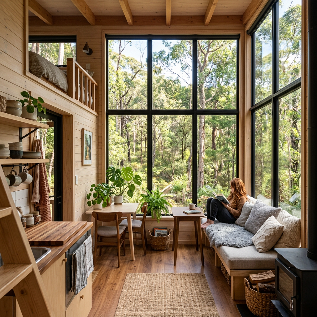Woman reading on a cushioned bench near large windows with a forest view inside a wooden cabin.