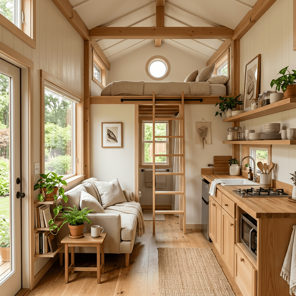 Compact tiny house interior with a sofa, wooden kitchen, and loft bed above ladder