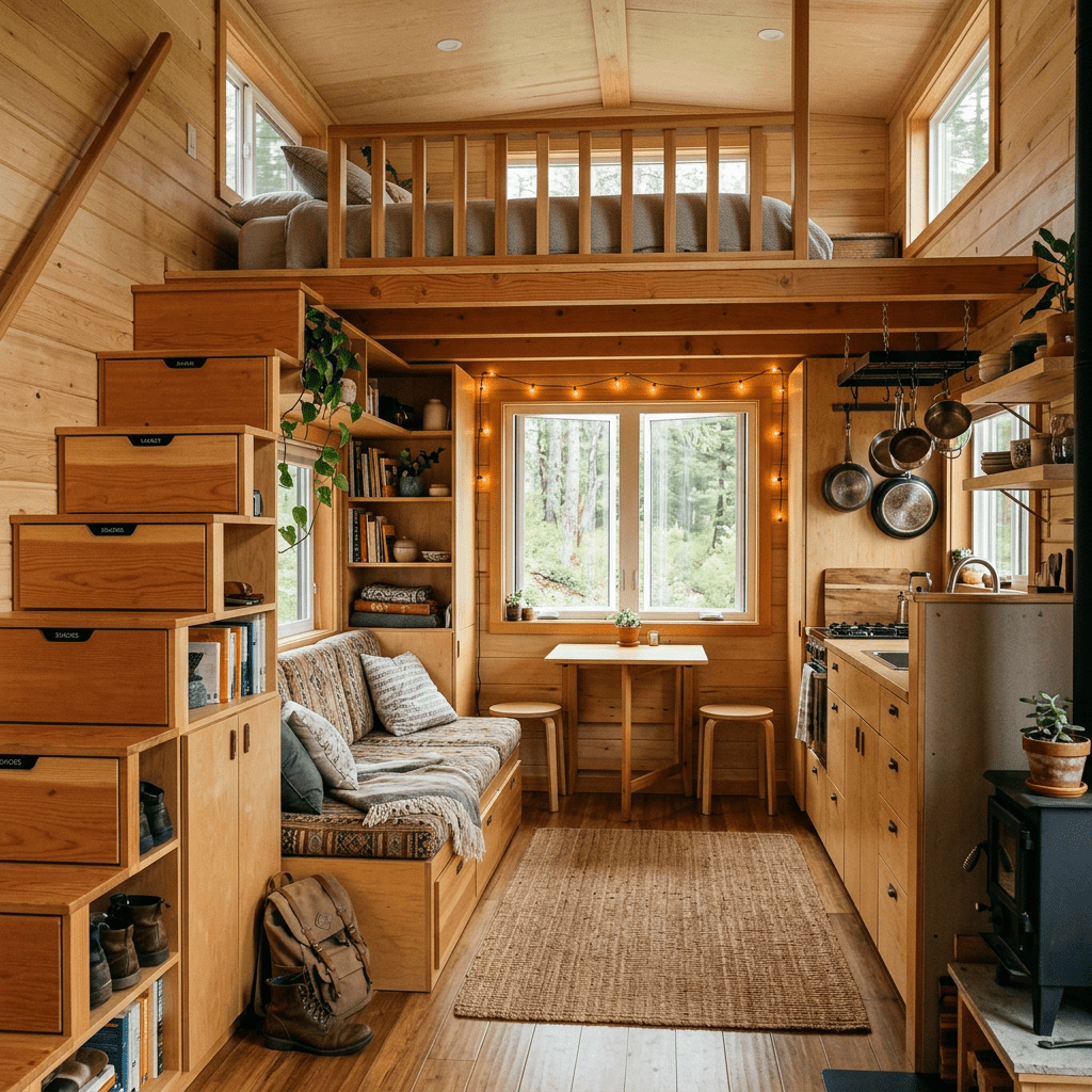 Interior of a tiny house with a loft bed, cozy seating, kitchenette, and storage stairs