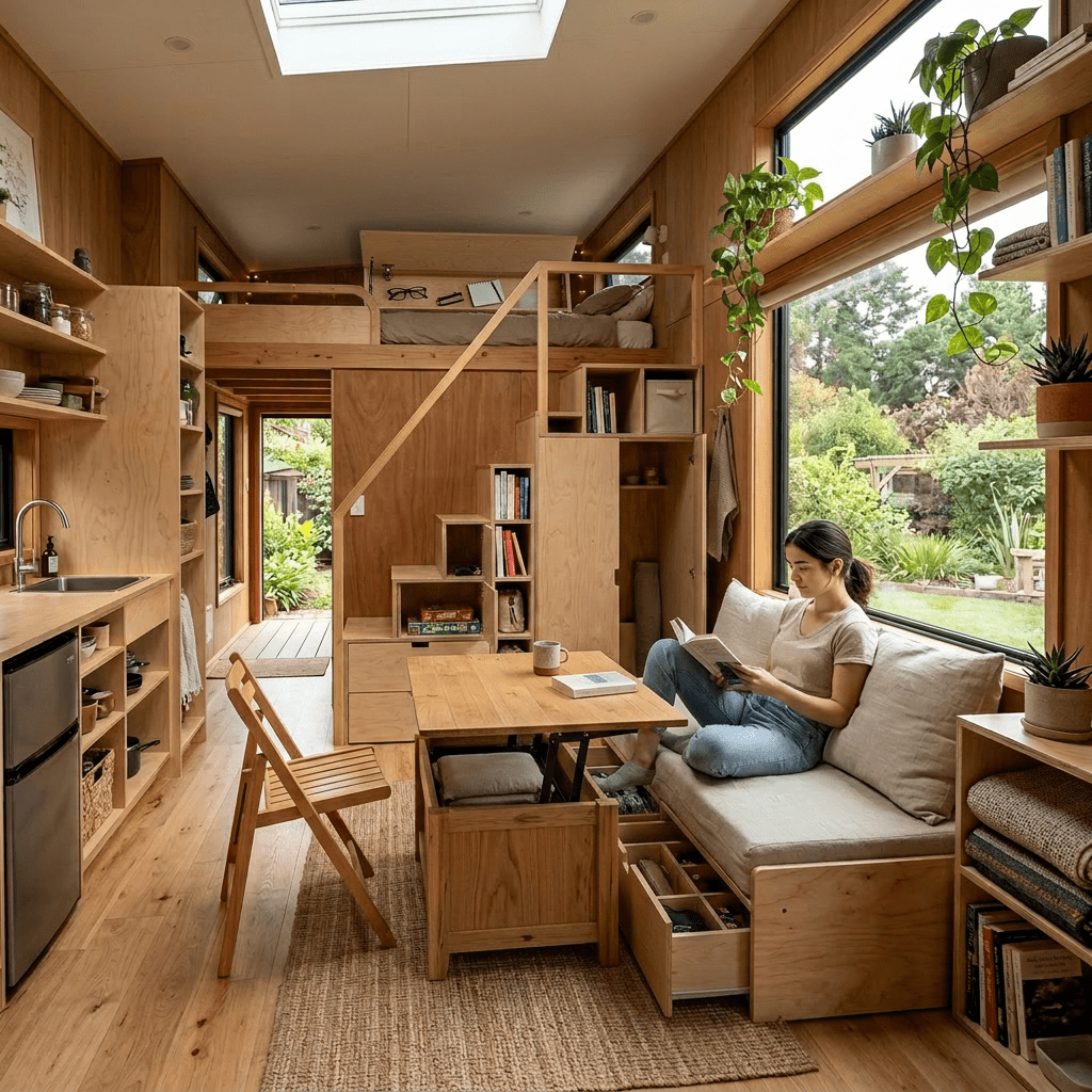 Cozy tiny home interior with wooden furniture, loft bed, and a woman reading on a sofa