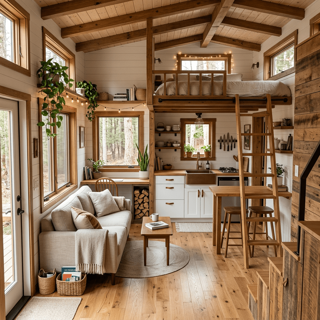 Cozy tiny house living area with loft bed, small kitchen, and sofa