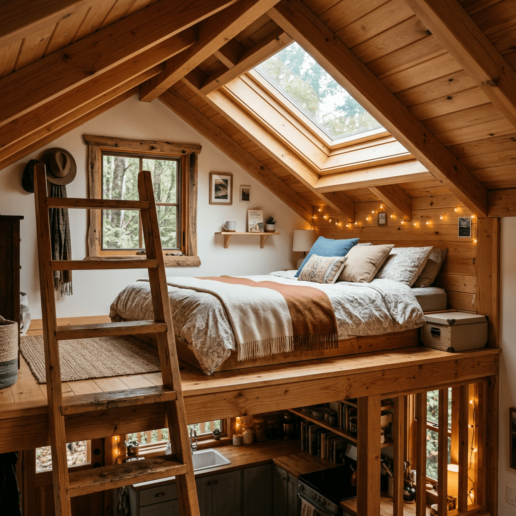 Loft bedroom with a skylight, wooden beams, string lights, and a bed with pillows and blankets
