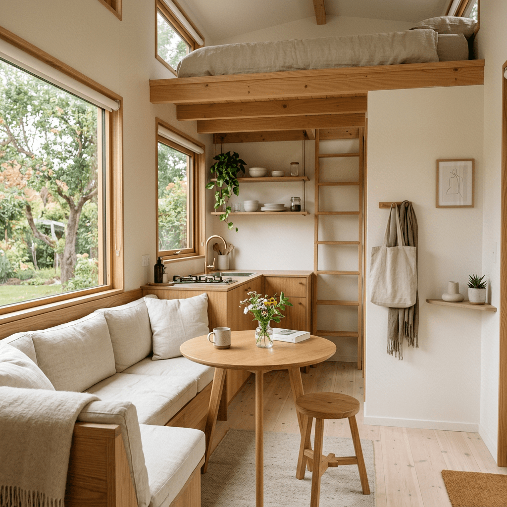Small living area with wooden built-in seating, round table, stool, kitchenette, ladder to loft bed, and large windows