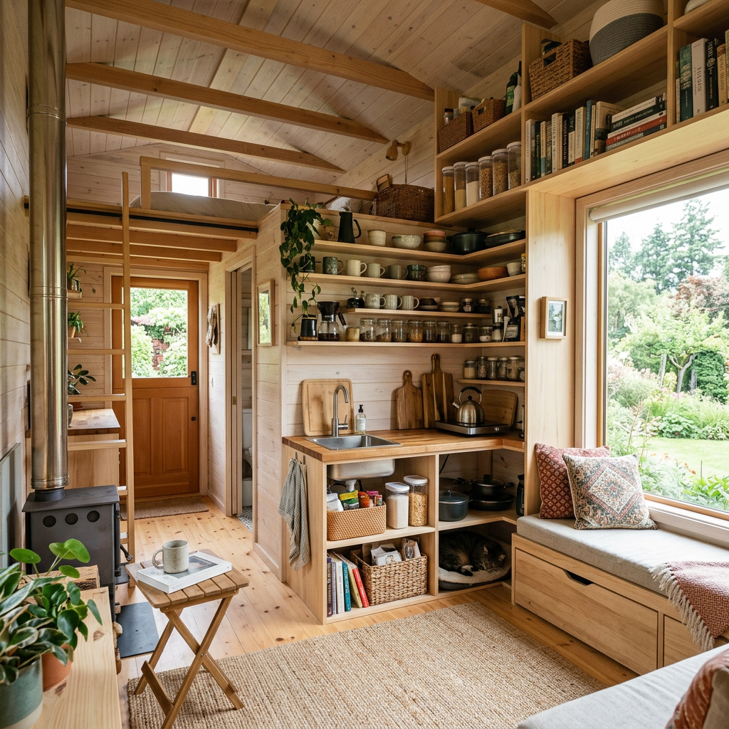 Compact kitchen with open shelves, wood stove, and window seat with pillows