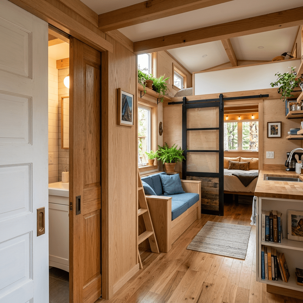 Pocket and sliding doors in tiny home