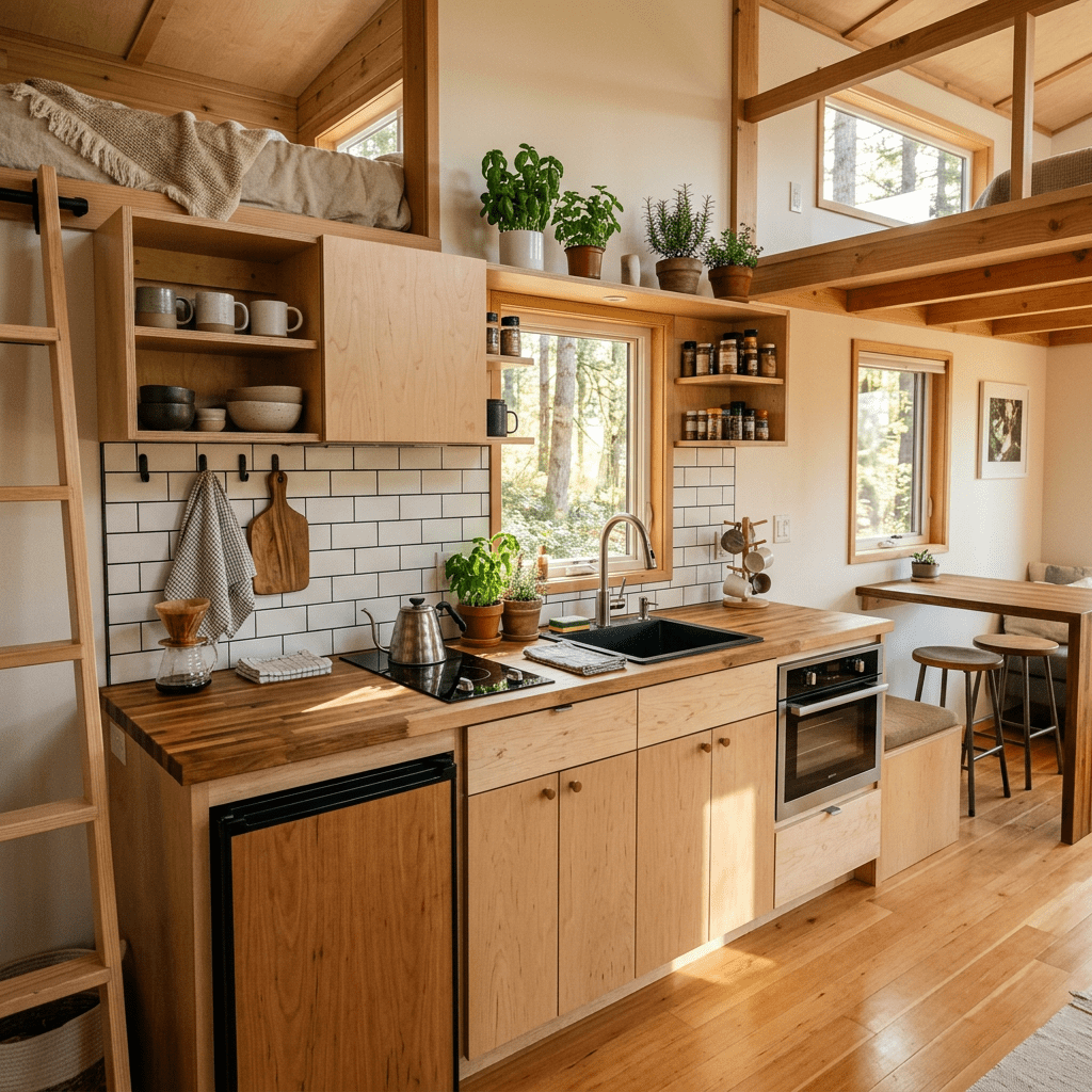 Bright kitchen with wooden cabinets, black sink, small oven, and loft bed above