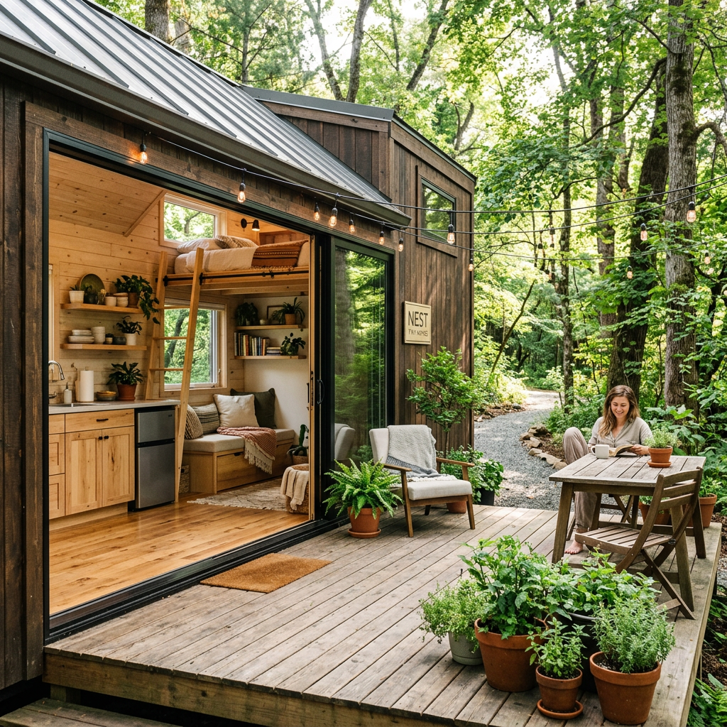 Tiny house with open sliding door showing interior and woman reading at outdoor wooden table surrounded by plants