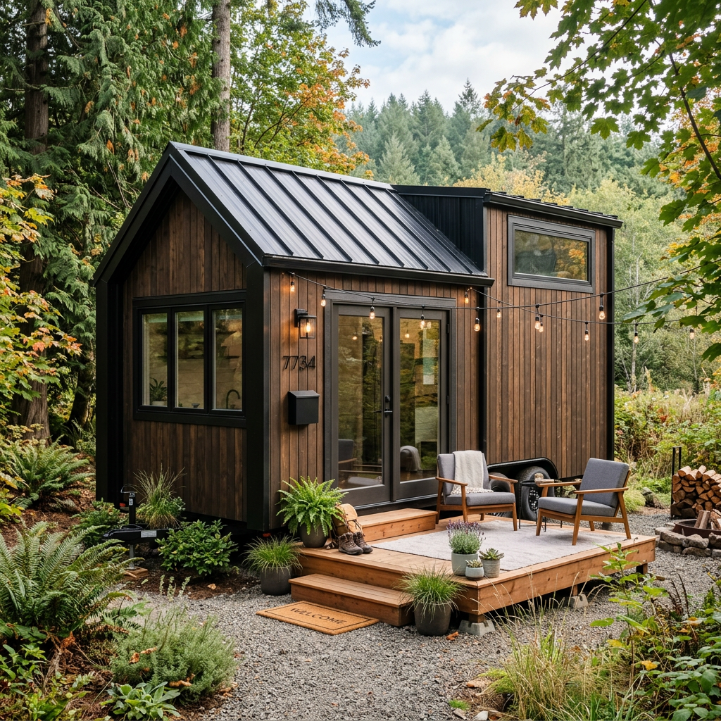 A modern tiny house with wooden exterior, black metal roof, glass doors, and outdoor seating area surrounded by trees