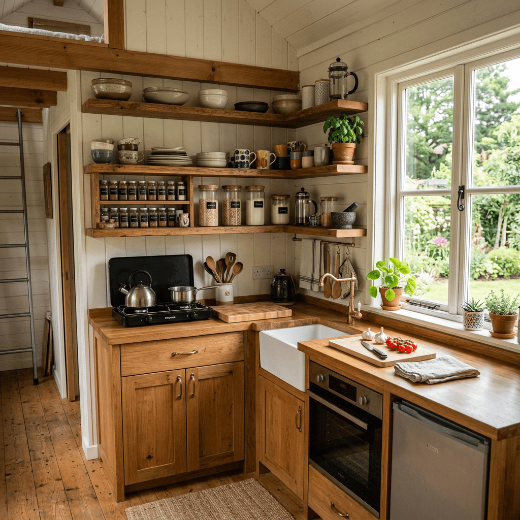 Rustic kitchen with wooden cabinets, open shelves, stove, sink, and window overlooking garden