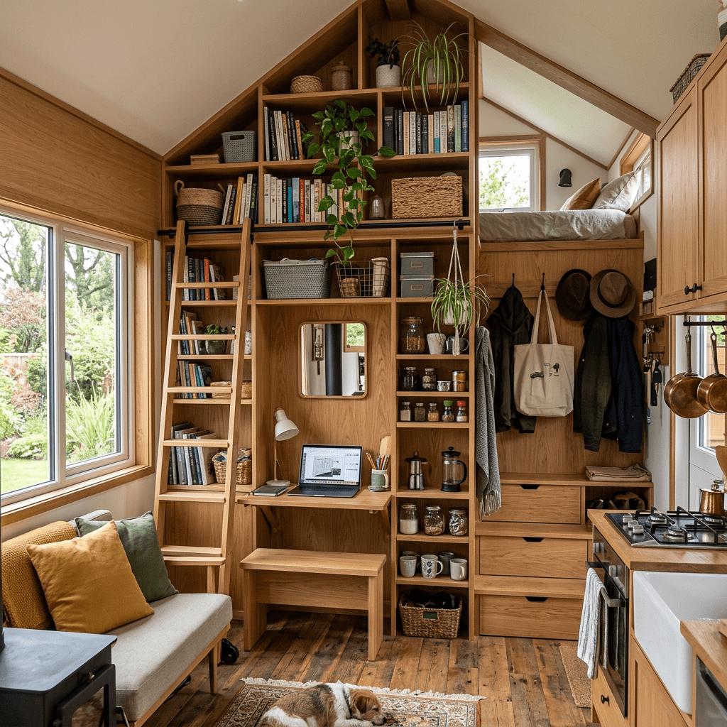 Cozy tiny house interior with wooden shelves, loft bed, workspace, and a dog lying on a rug
