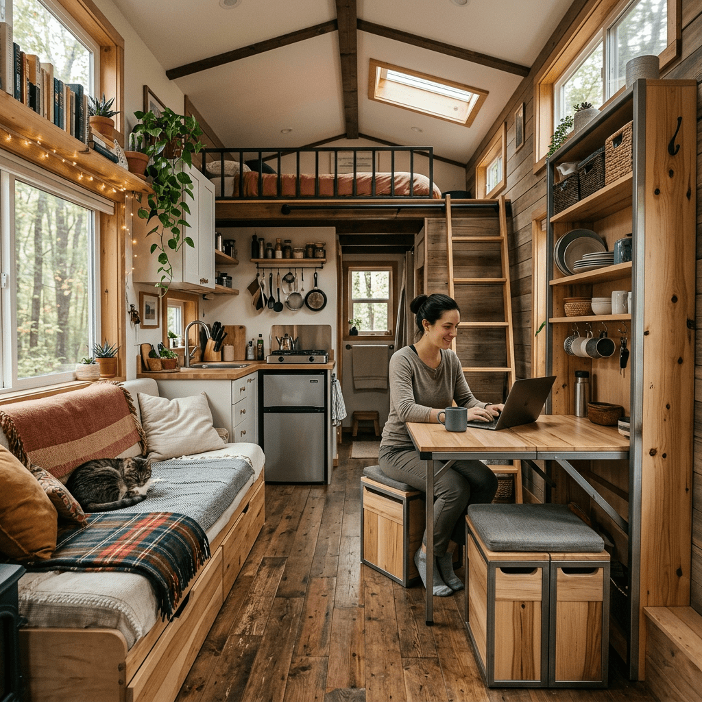 Woman working on a laptop at a wooden table in a tiny home interior with a cat sleeping on the sofa