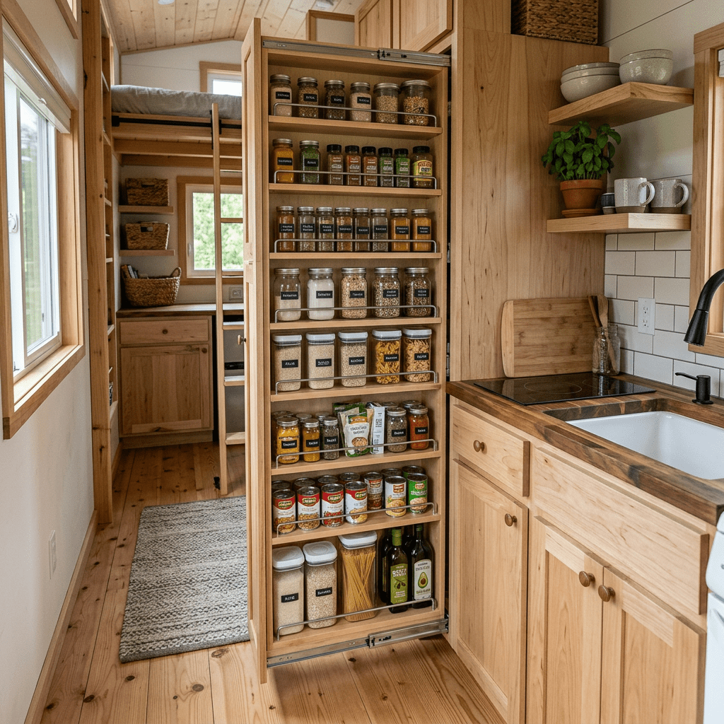 Pantry door filled with labeled jars and containers in a small wooden kitchen