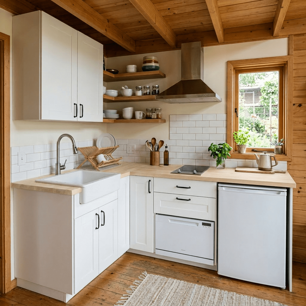 Compact kitchen with white cabinets, wooden countertops, stainless steel hood, and window with plants