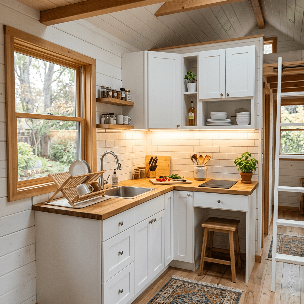 Compact kitchen corner with wooden countertops, white cabinets, stainless sink, and cooking utensils