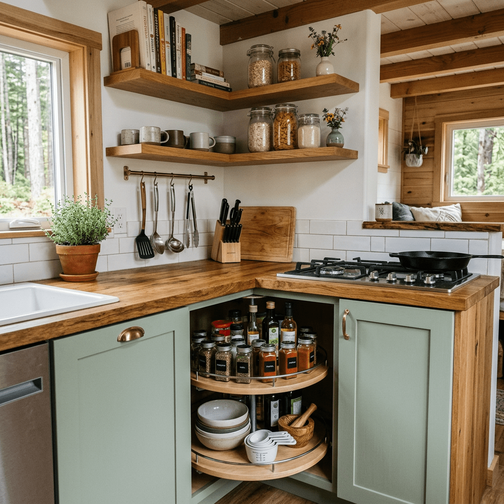 Rustic kitchen corner with wooden countertops, open shelves holding jars and mugs, hanging utensils, and a rotating cabinet shelf with spices and bowls