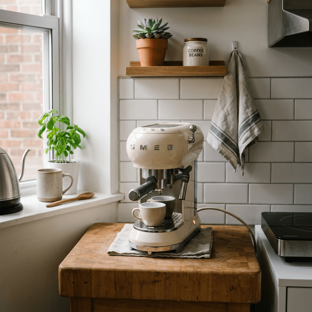Cream SMEG espresso machine with cups on wooden countertop in kitchen