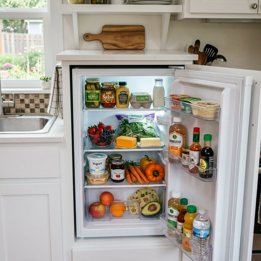 Open refrigerator containing fresh fruits, vegetables, dairy, sauces, and beverages