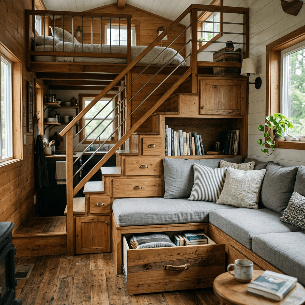 Tiny house interior with wooden stairs leading to loft bed, gray sofa with cushions, built-in bookshelves, and kitchen in background