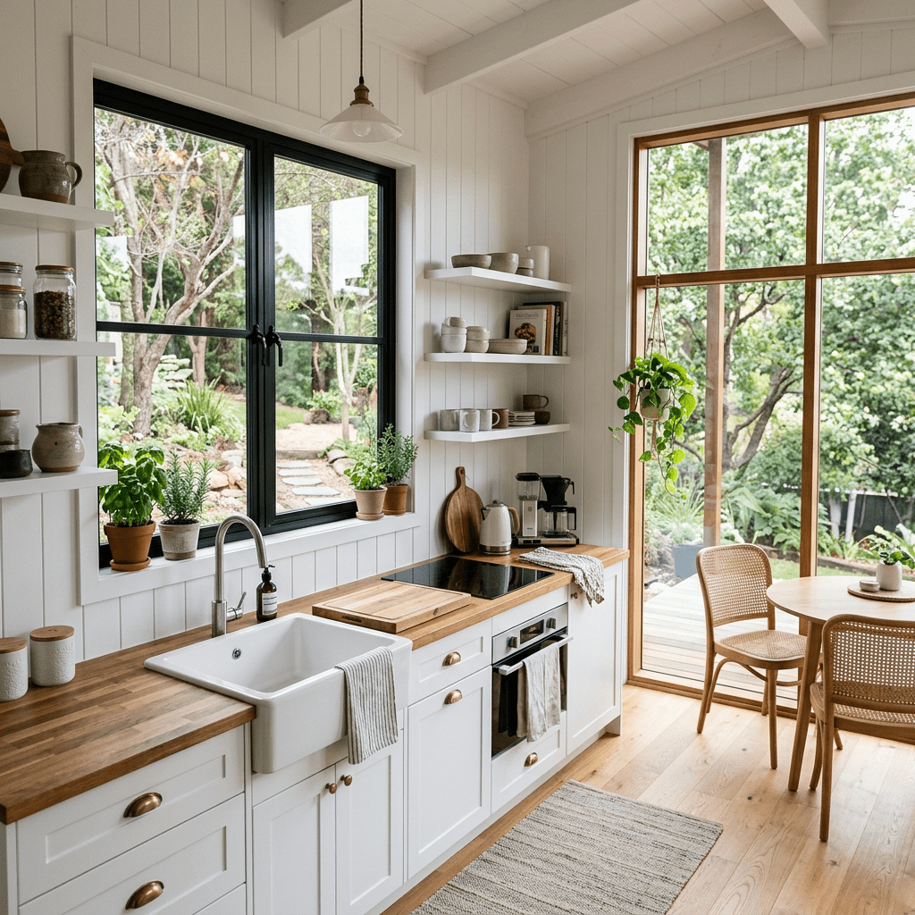 Add large windows to white tiny kitchen