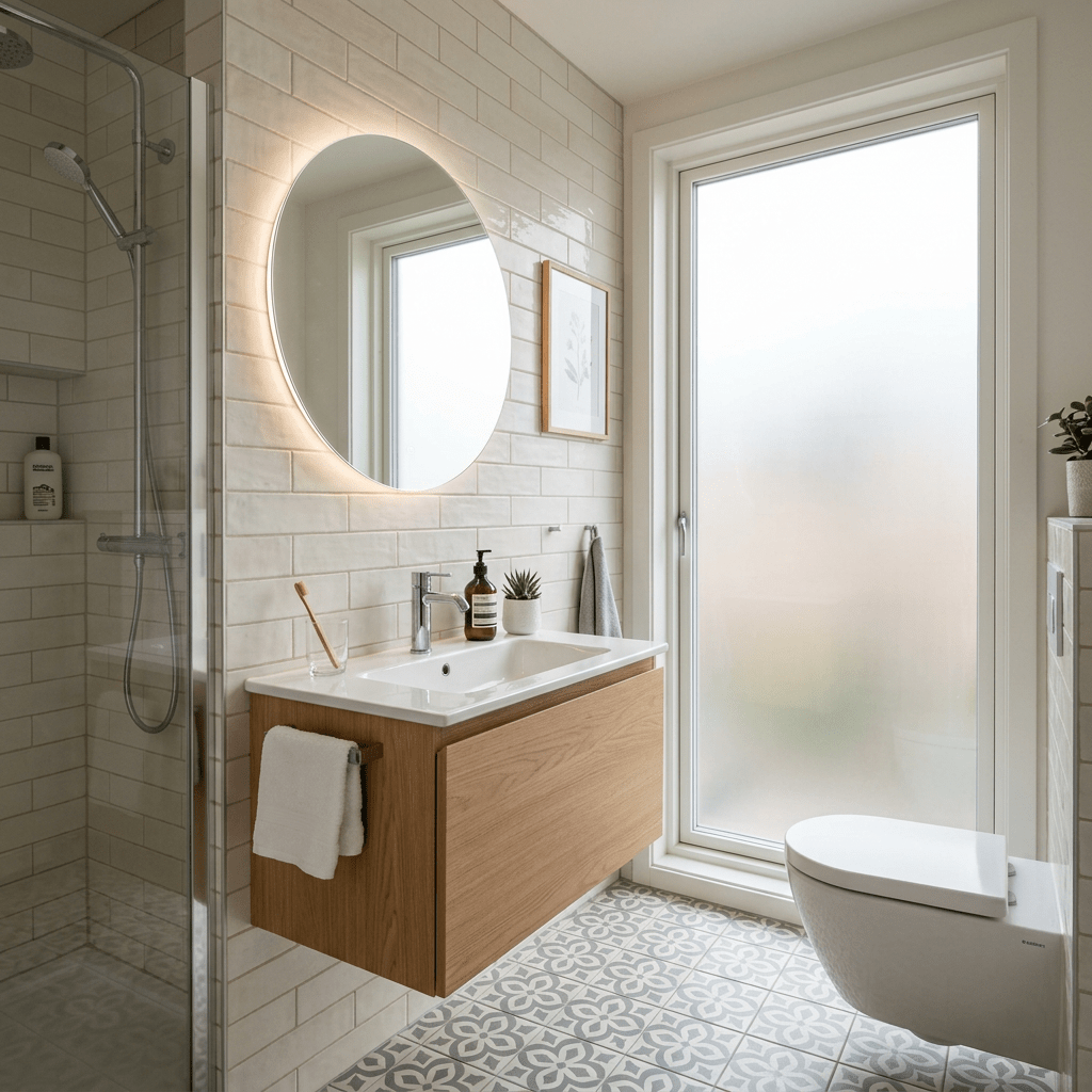 Minimalist bathroom with floating wooden vanity, round lighted mirror, glass shower, and patterned floor tiles
