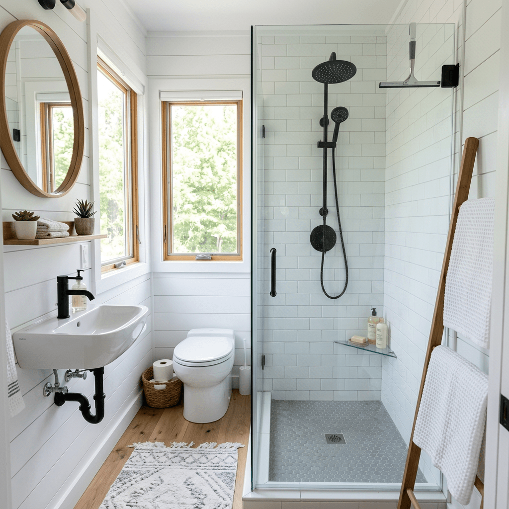 Bathroom with glass shower, black shower fixtures, wooden floor, and white walls