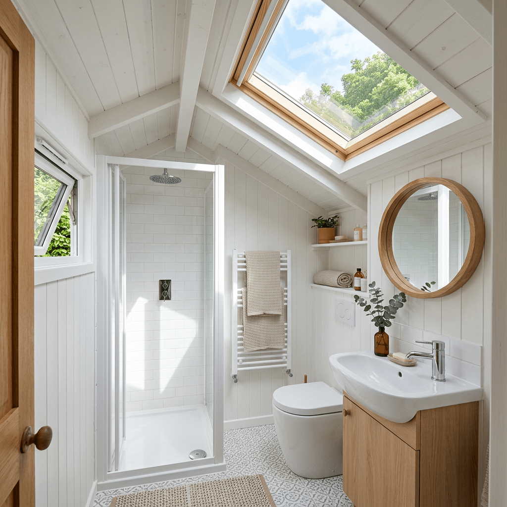 Small modern bathroom with skylight, shower, toilet, and sink with wooden cabinet