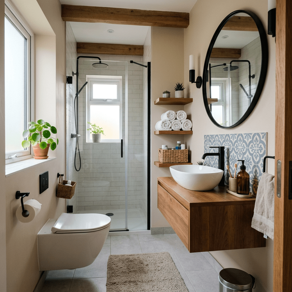 Modern bathroom with glass shower, wooden floating vanity, round mirror, and plants
