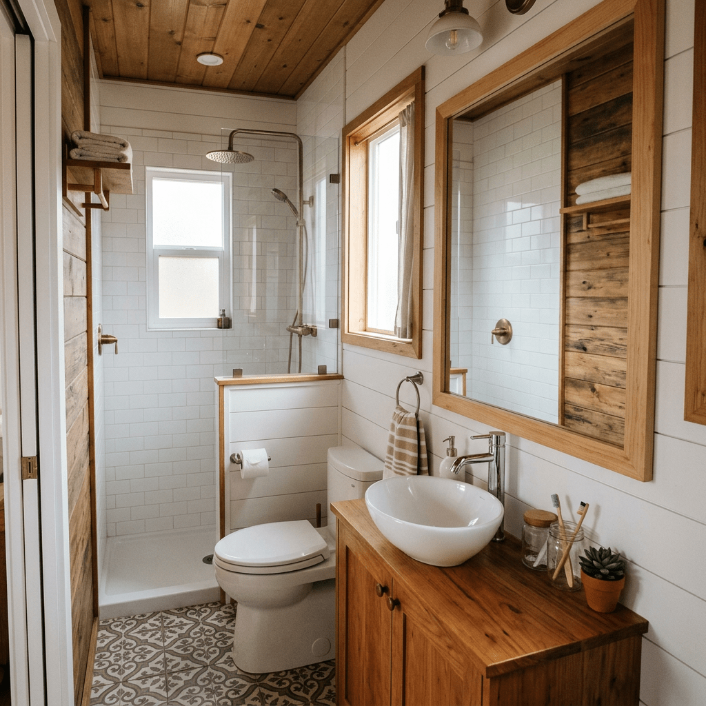 Small rustic bathroom with wooden vanity, white vessel sink, toilet, and glass-enclosed shower