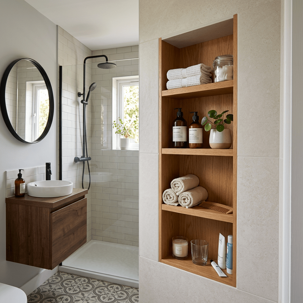 Recessed wall storage in tiny bathroom