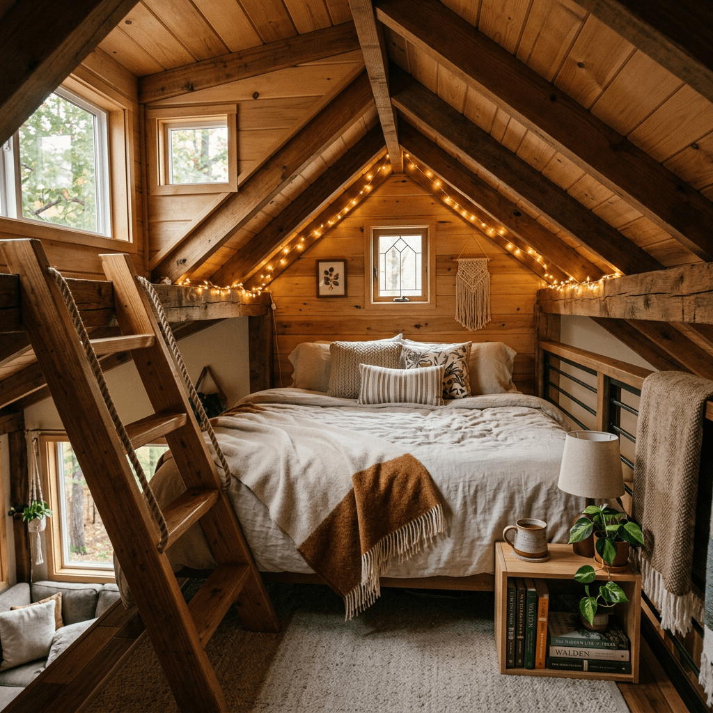 Rustic loft bedroom with wooden beams, bed, and string lights