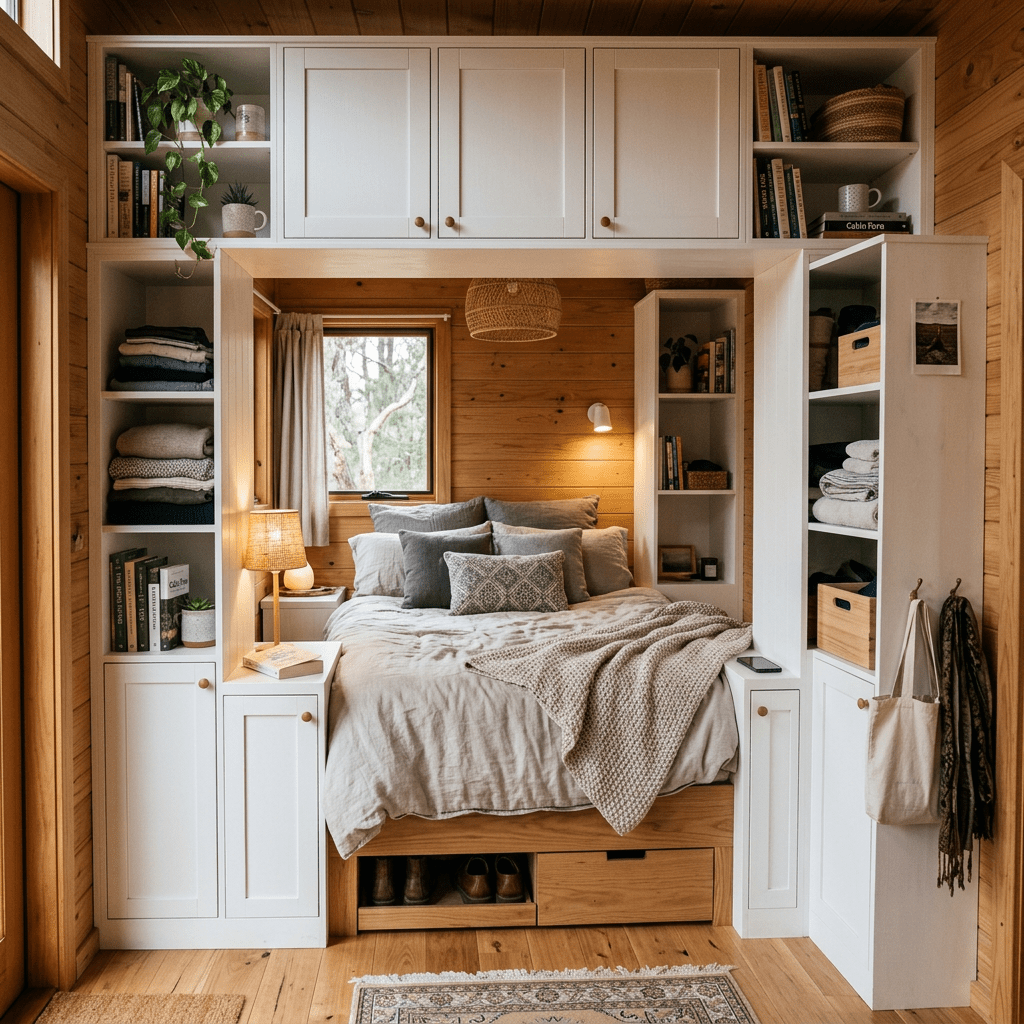 Cozy bedroom with wooden walls, a beige bed with multiple pillows and a knitted blanket, surrounded by white built-in shelves and cabinets.
