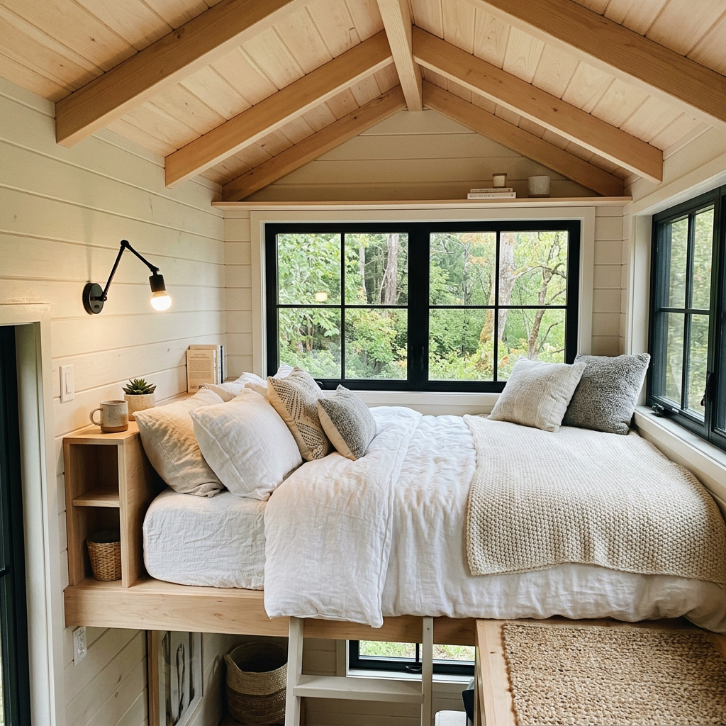 Cozy loft bed with white bedding and pillows near large windows showing green trees outside