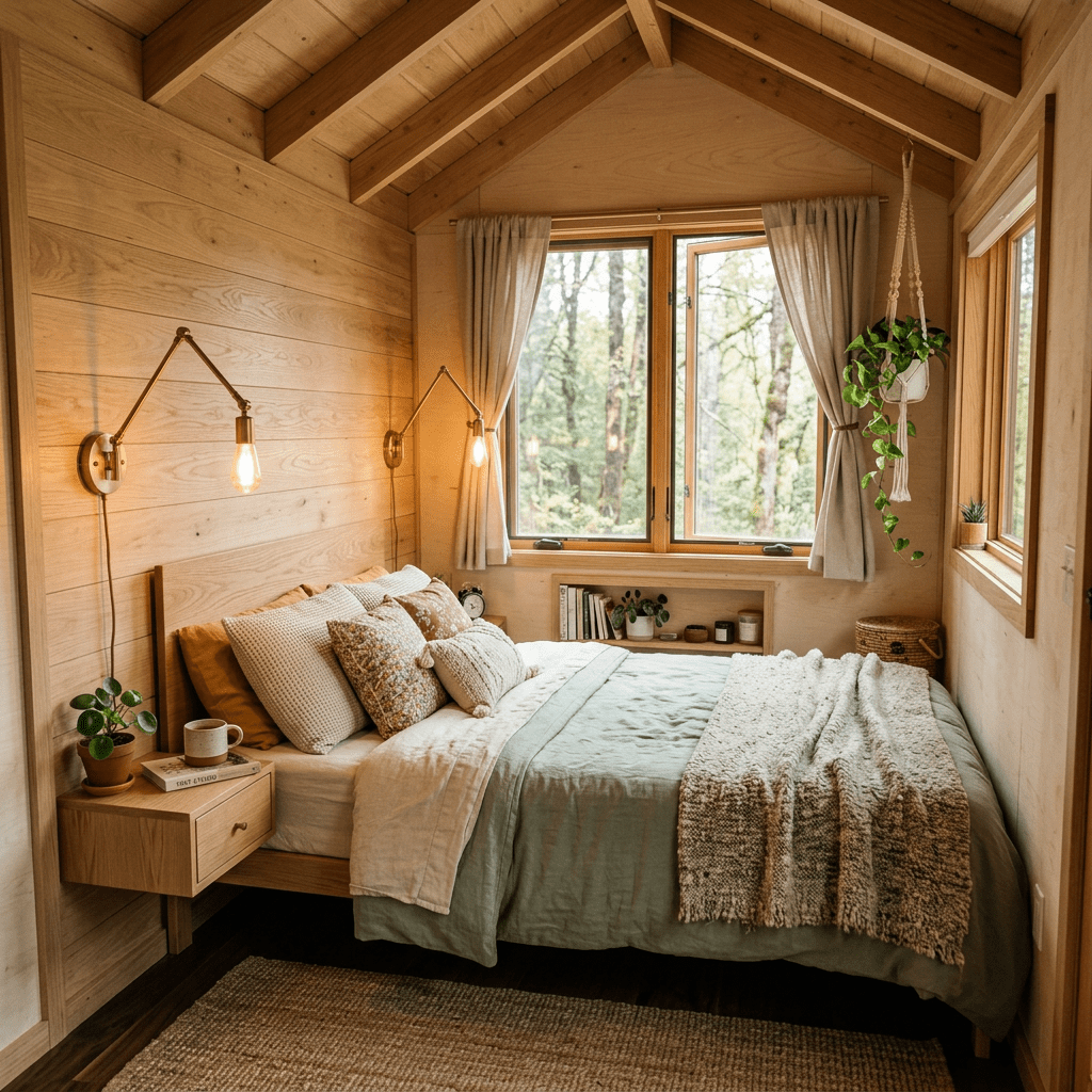 Bedroom in wooden cabin with bed, pillows, blanket, hanging plant, and wall lamps