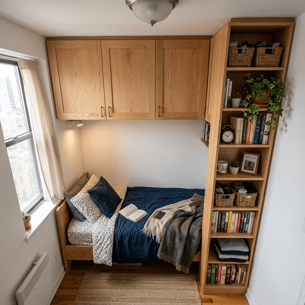 Small bedroom with wooden bed, blue bedding, overhead wooden cabinets, and a bookshelf with books and plants