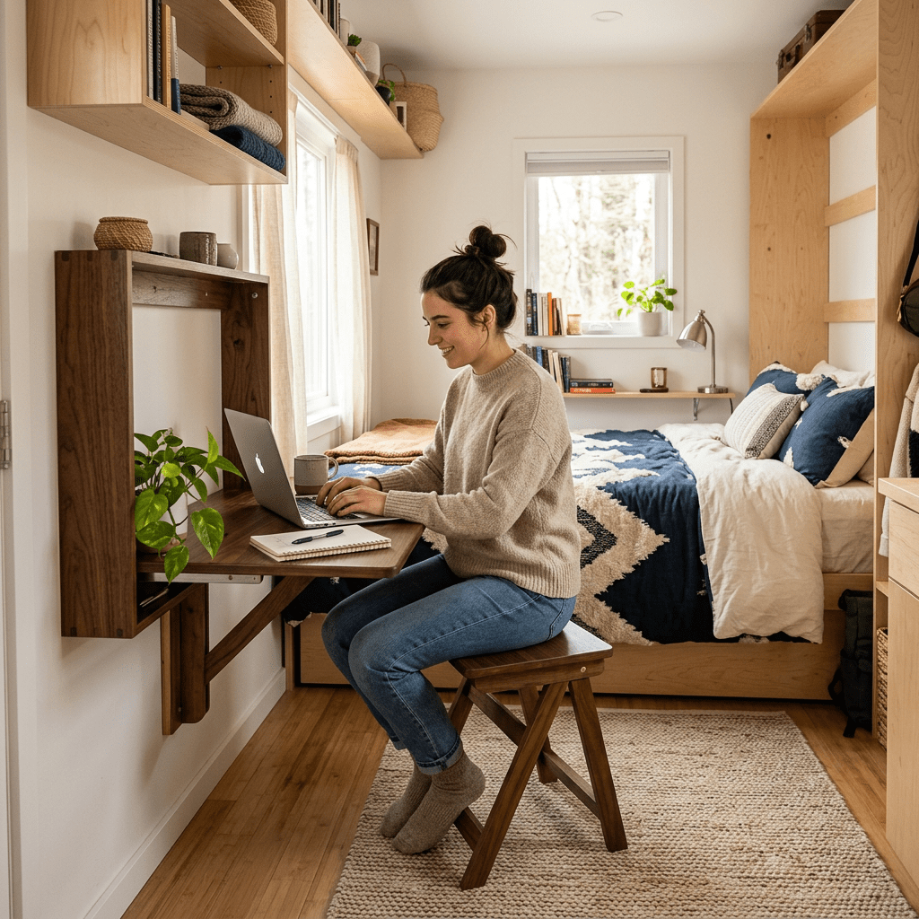 Woman sitting on a wooden stool using a laptop at a mounted desk in a tidy bedroom