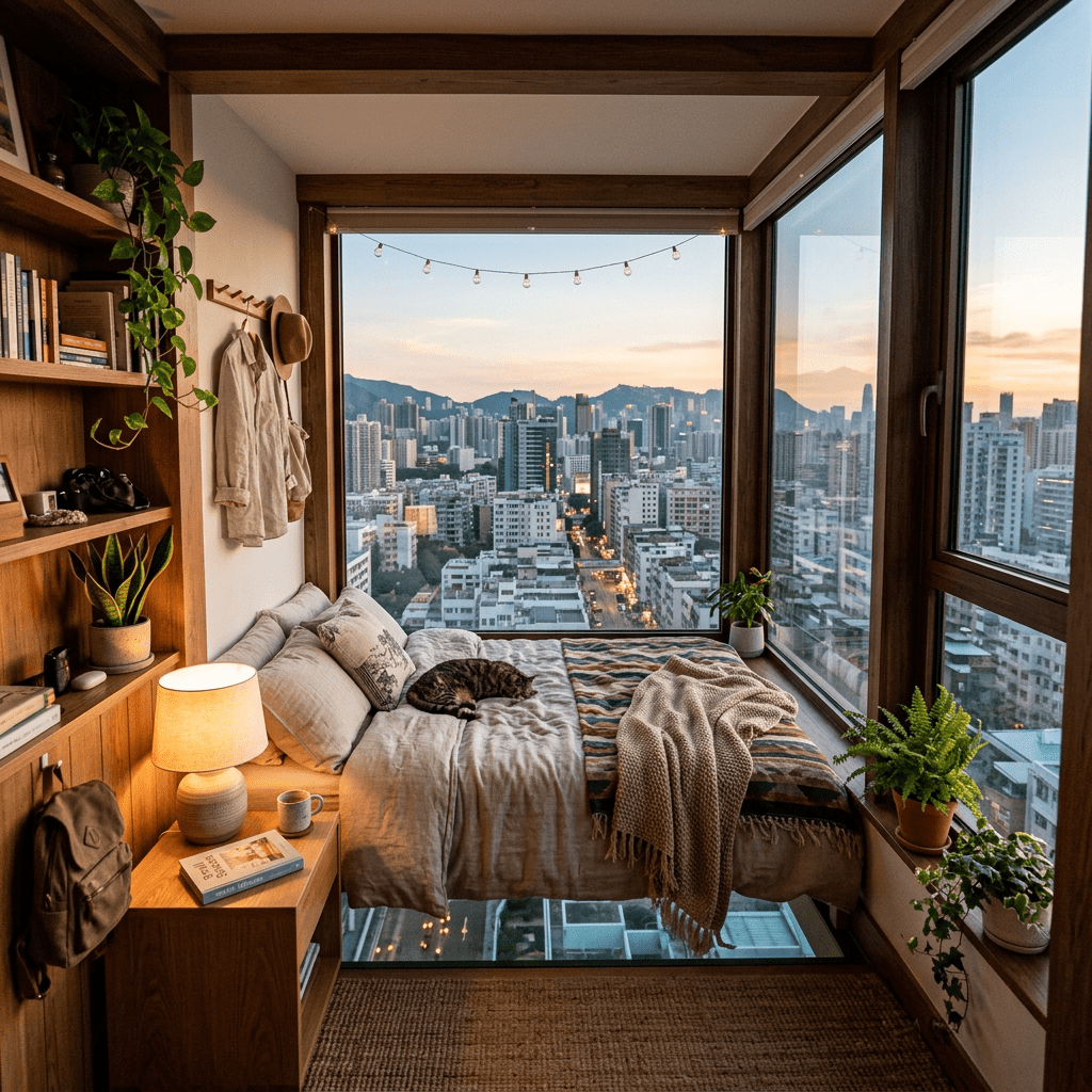 Bedroom with large corner window overlooking city buildings at sunset
