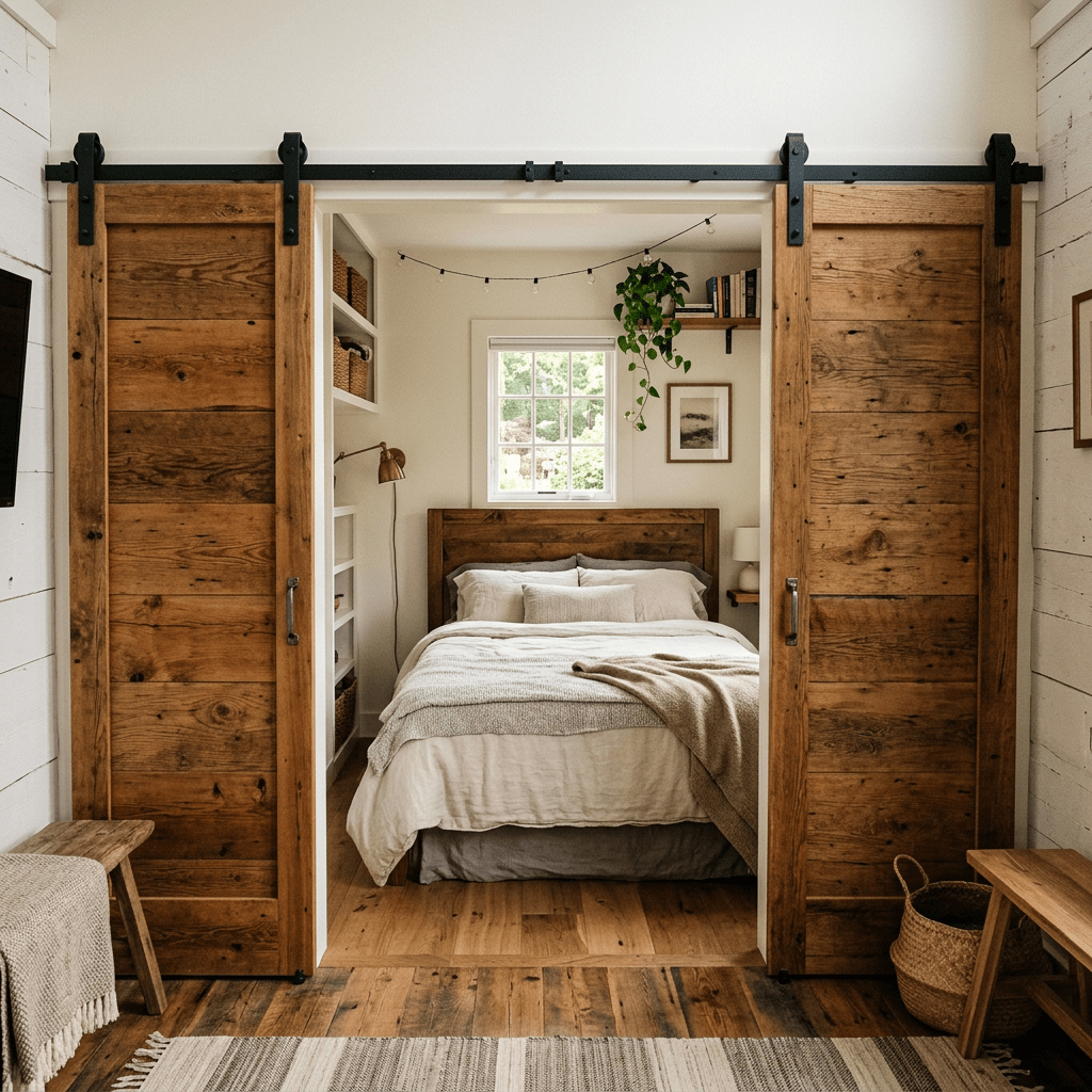 Bedroom with wooden barn doors, a bed with neutral bedding, hanging plant, and shelves with baskets