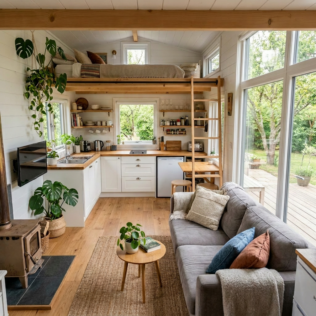 Tiny house interior with loft bed, kitchenette, and sitting area with sofa