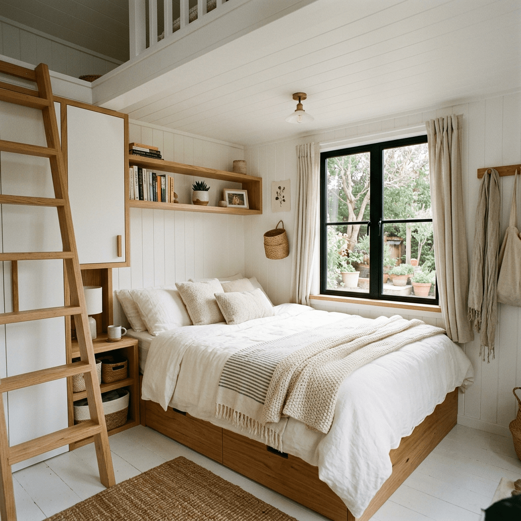 Bedroom with a wooden loft ladder, white bedding, and large window showing greenery