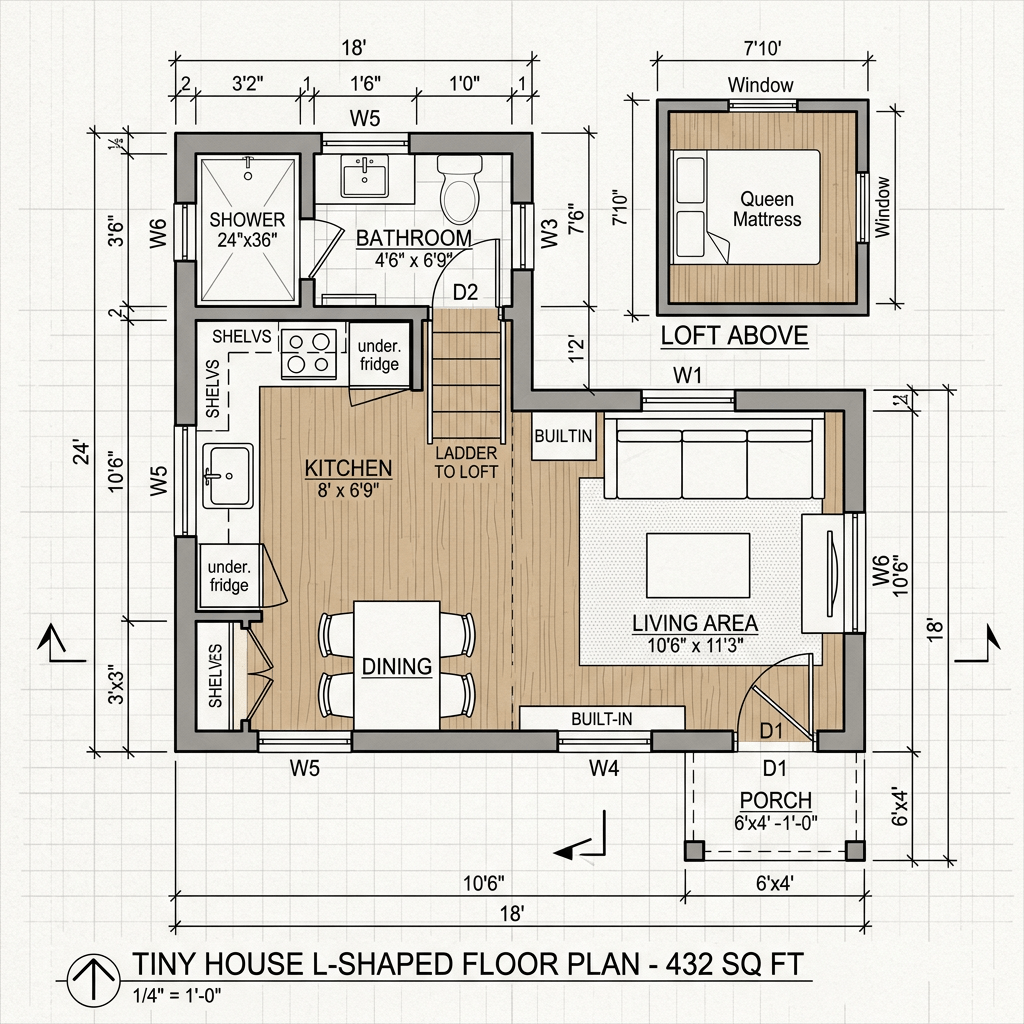 L-shaped tiny house floor plan with kitchen, bathroom, living area, dining, porch, and loft with queen mattress.