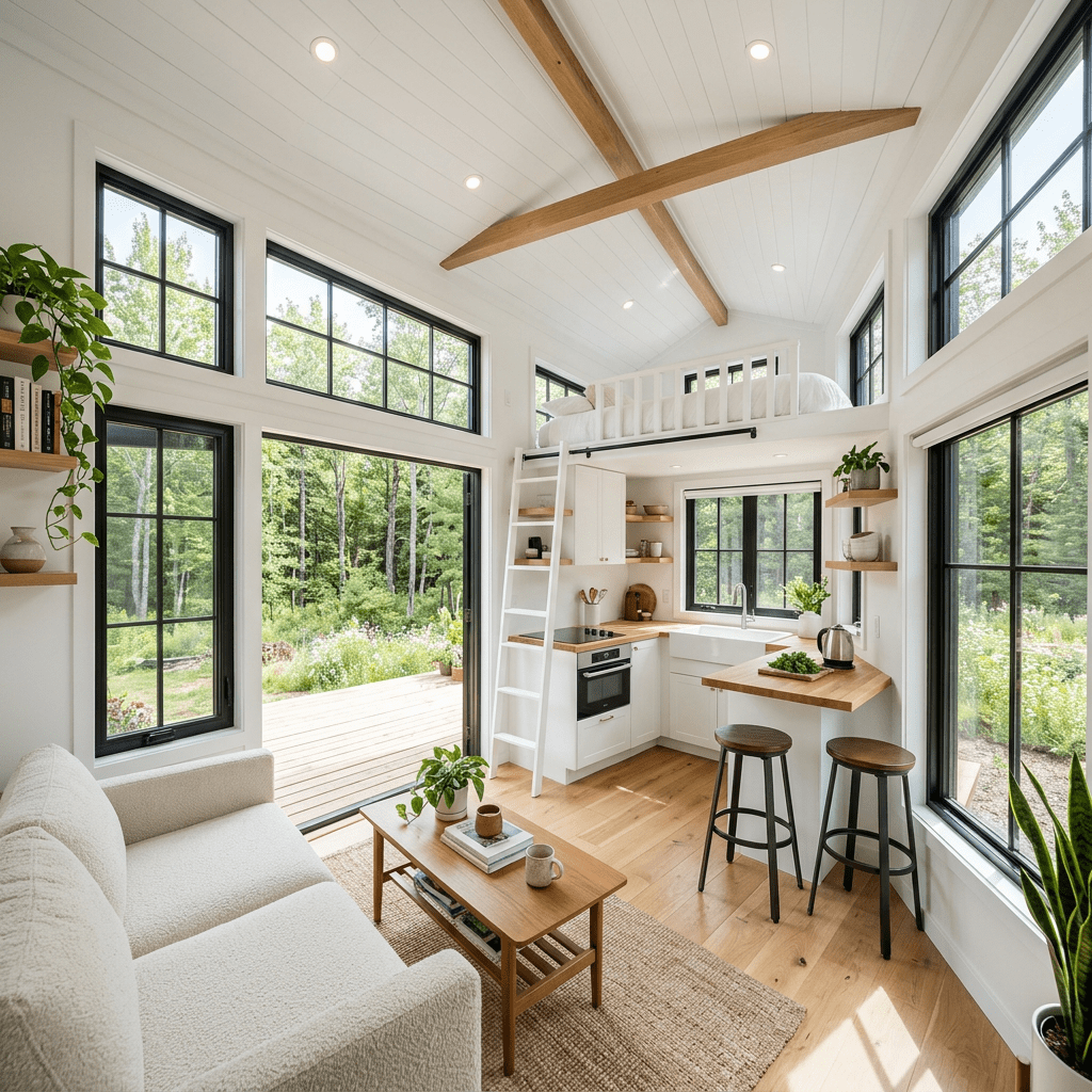 Interior of a bright tiny house with a compact kitchen, living area, loft bed, and large windows