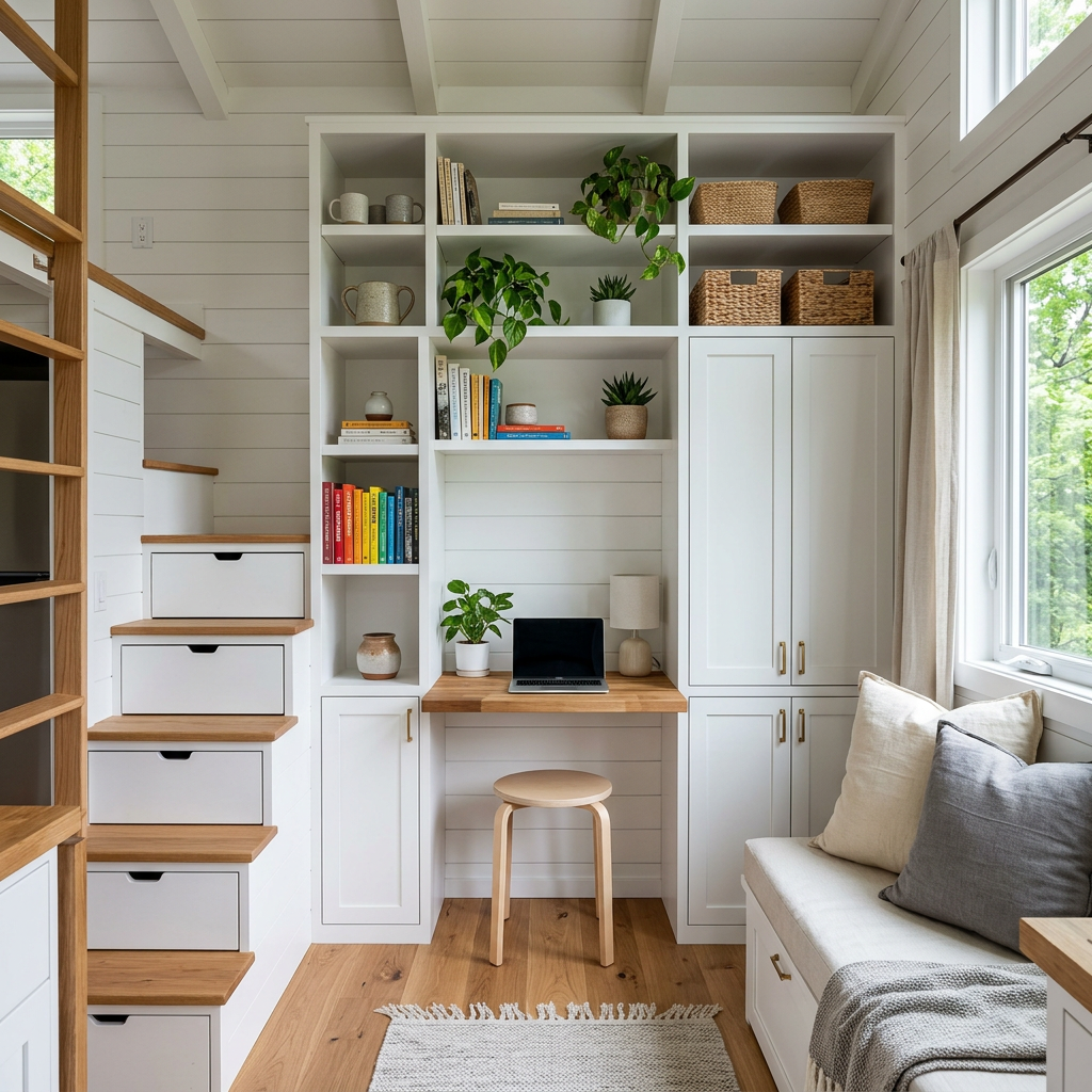 Compact built-in desk area with shelves, books, plants, and storage baskets