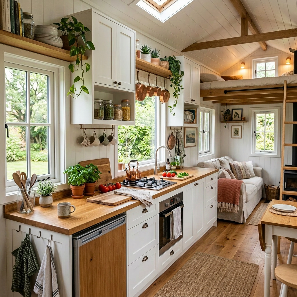 Woman chopping tomatoes on a wooden countertop in a small, bright kitchen with white cabinets and plants