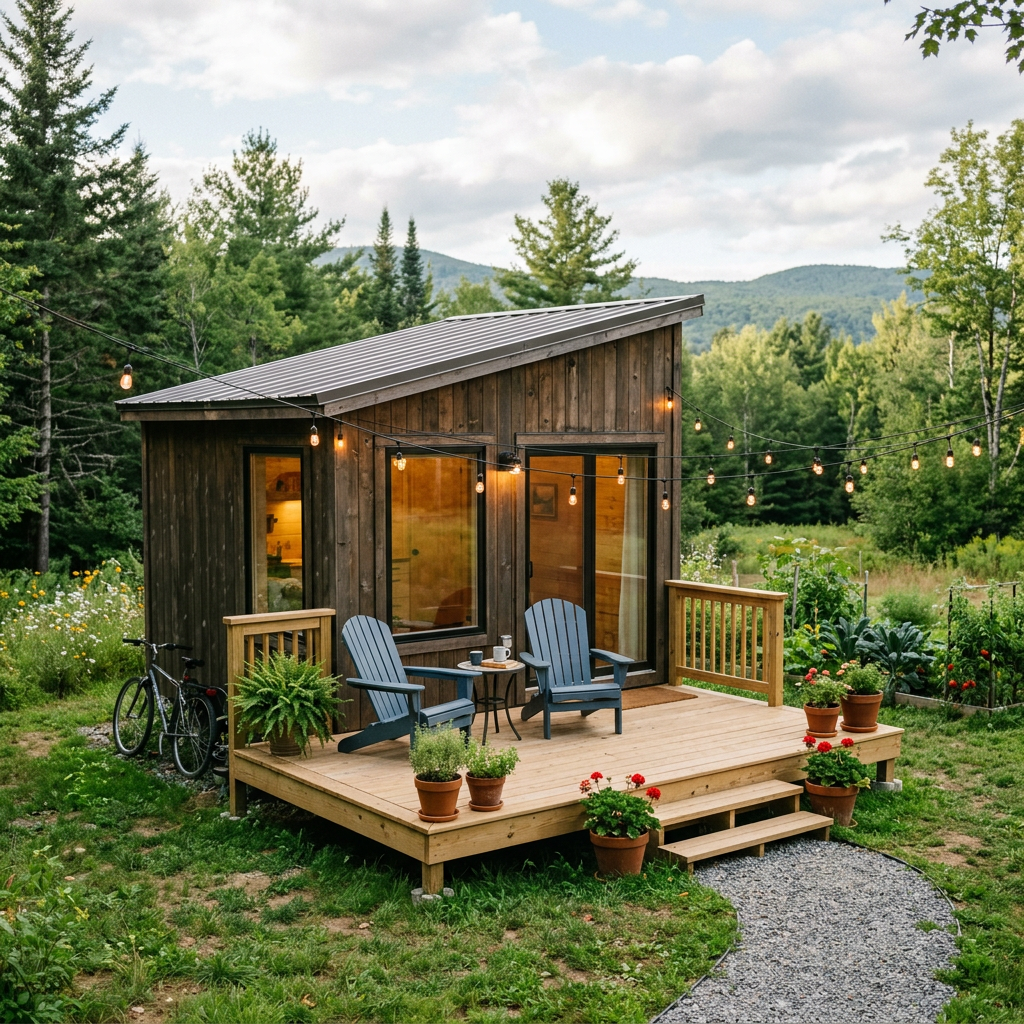 A small wooden cabin with large windows, a deck with two Adirondack chairs, a small table, and string lights overhead