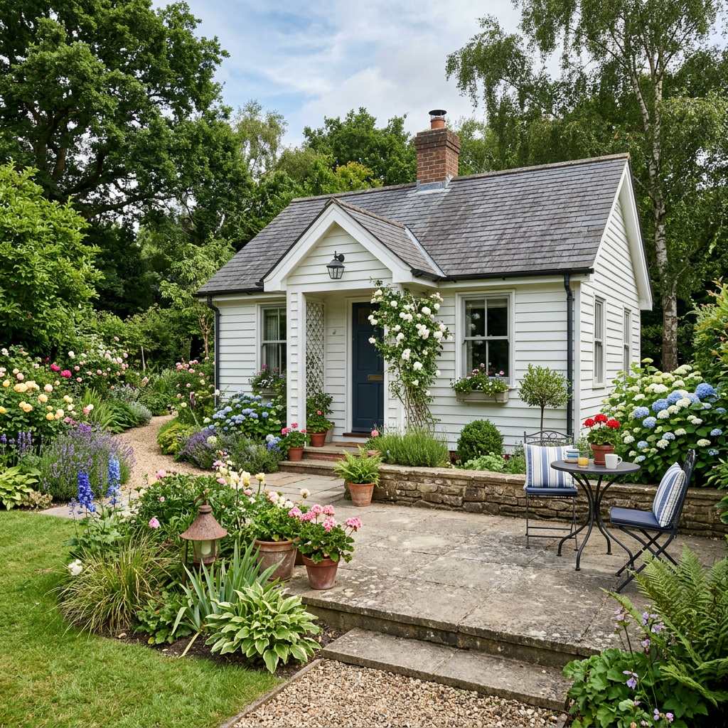 White cottage with blue door, colorful flowers, and garden seating area