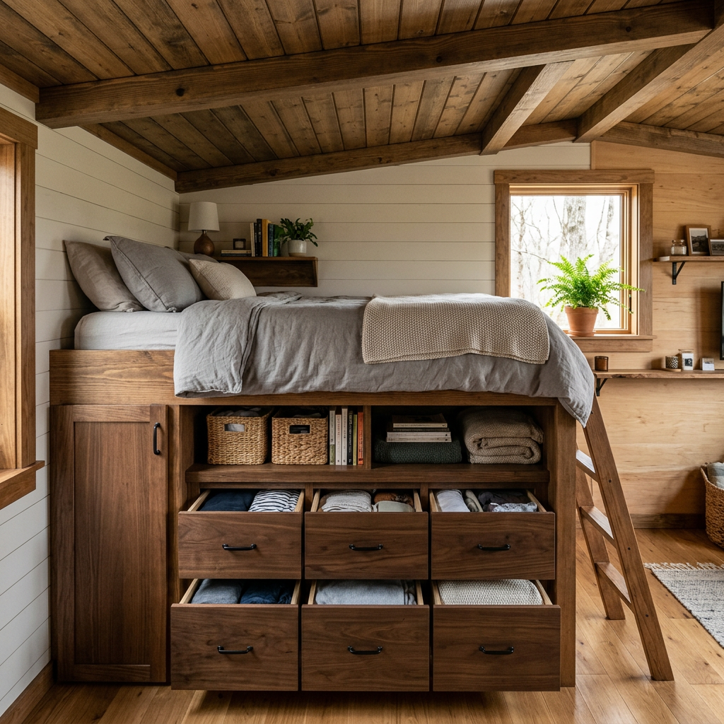 Loft bed with multiple wooden drawers, shelves, and ladder in rustic bedroom