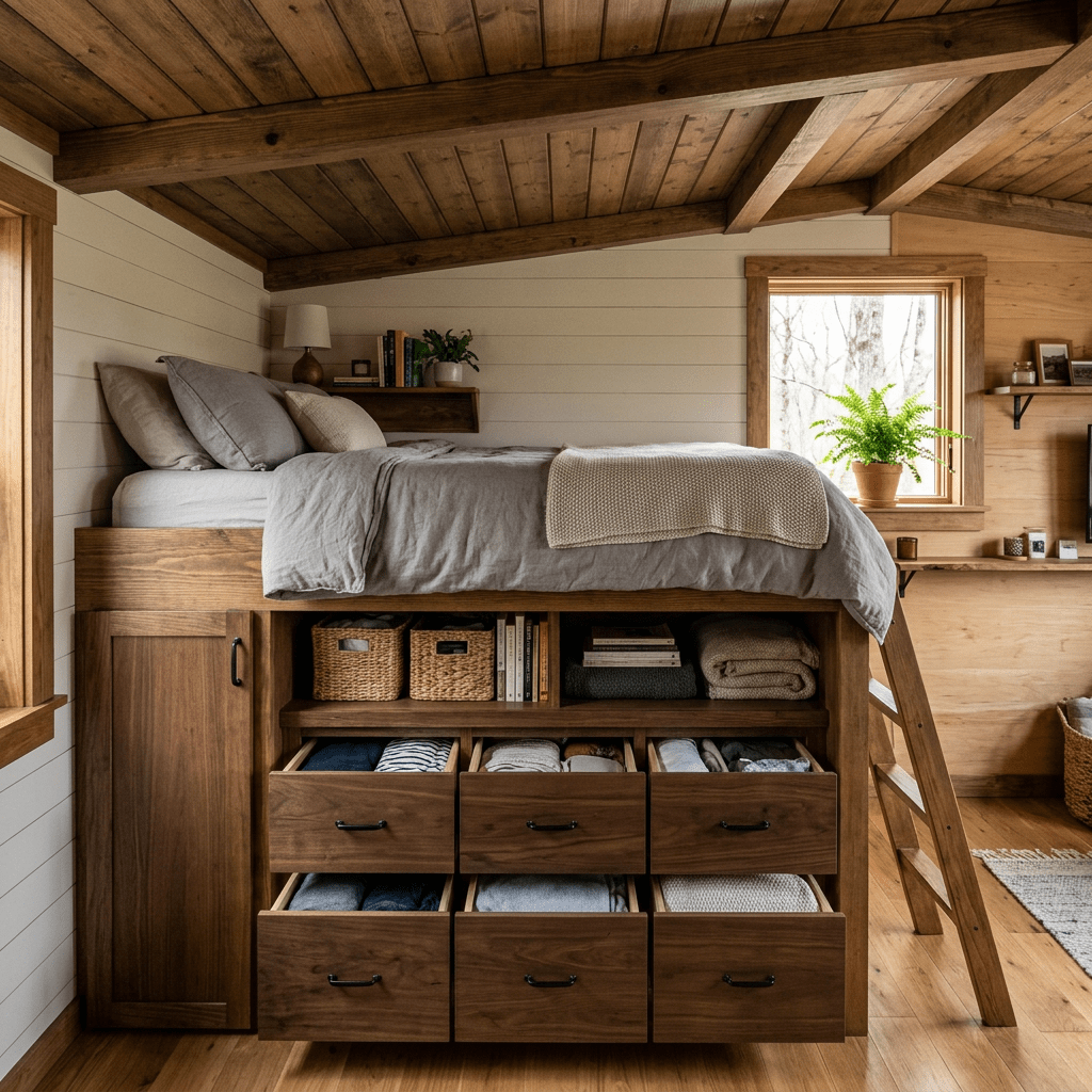Loft bed with multiple wooden drawers, shelves, and ladder in rustic bedroom