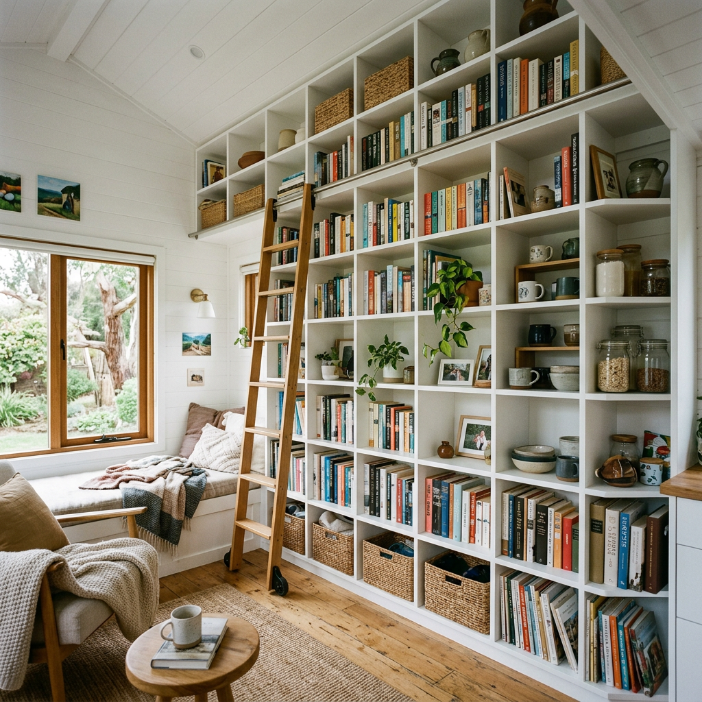 Home library with tall white bookshelves filled with books and plants, a wooden rolling ladder, and a window seat with cushions and blankets