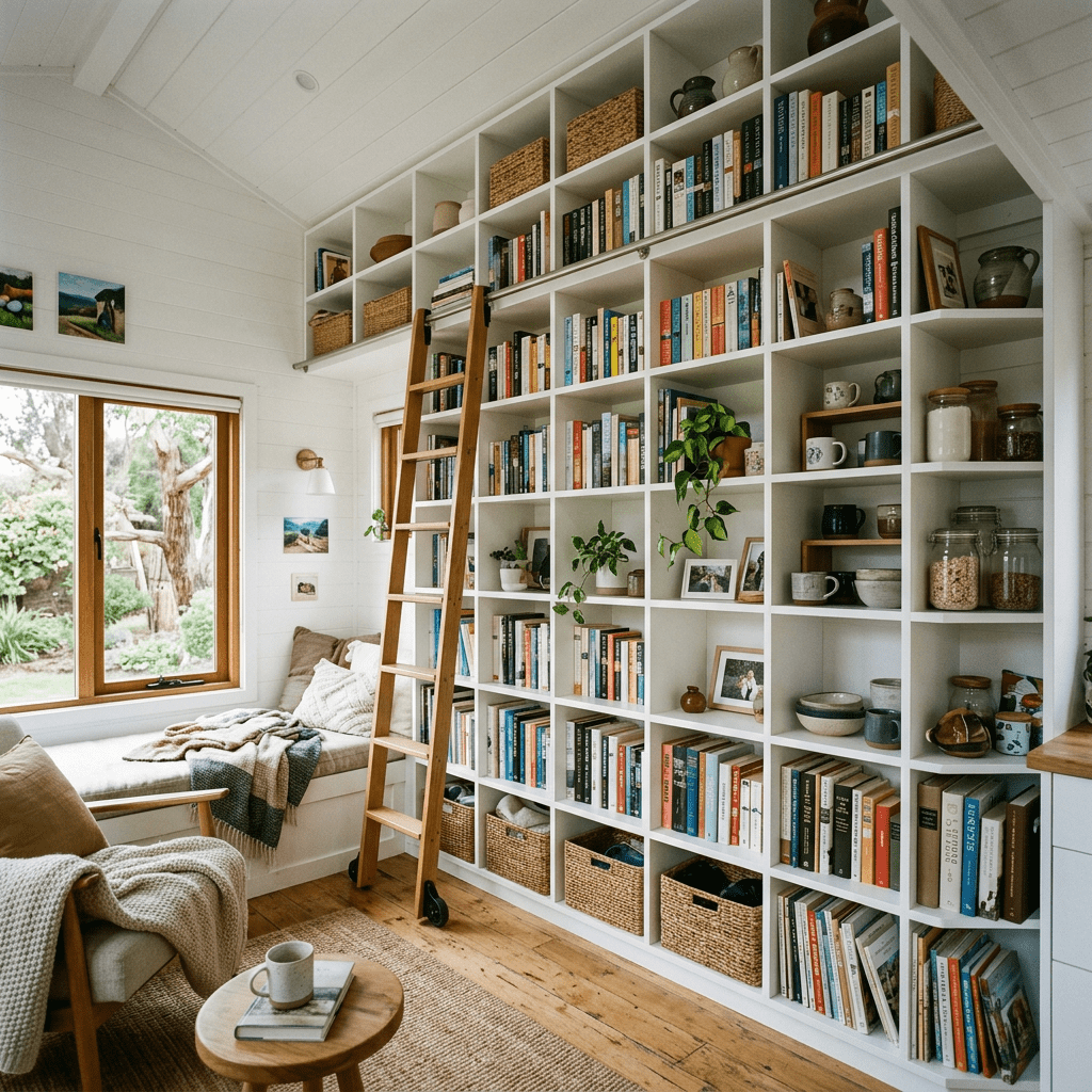Home library with tall white bookshelves filled with books and plants, a wooden rolling ladder, and a window seat with cushions and blankets