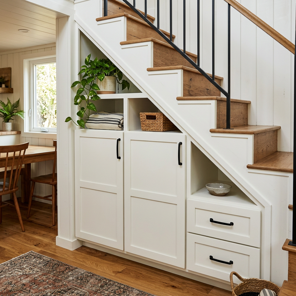 White built-in cabinets and open shelves under wooden staircase with black railing, decorated with plants and baskets